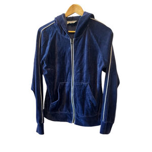 Blue Velour White Piping Zip zip Hooded Sweatshirt L
